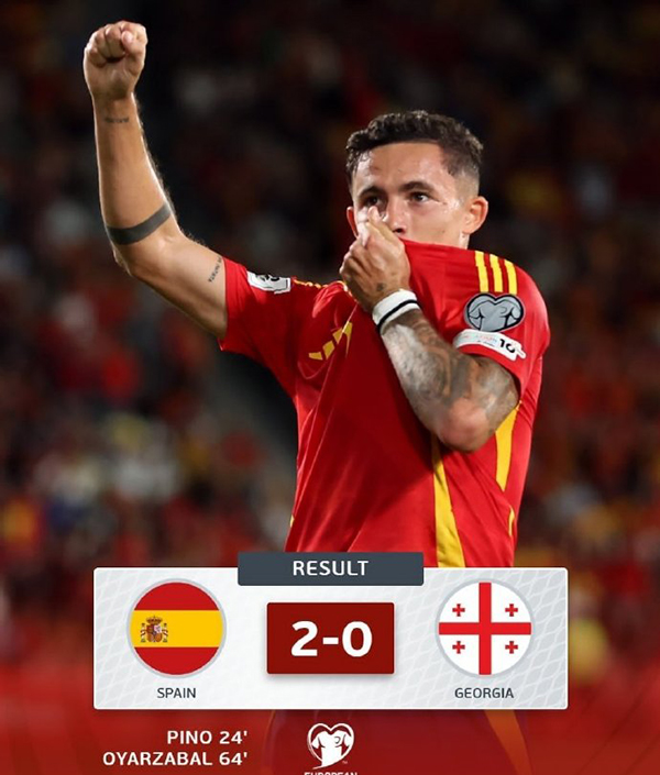 世预赛:西班牙2-0格鲁吉亚 皮诺破门 费兰造点+失点+失空门