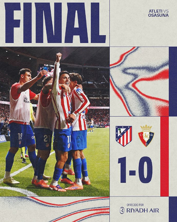 西甲:马竞1-0奥萨苏纳 阿尔马达处子球制胜 小西蒙尼助攻