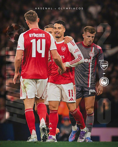 欧冠:阿森纳2-0奥林匹亚 马丁内利破门 厄德高亮眼