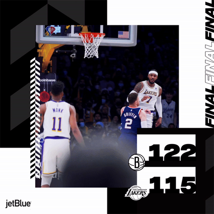 篮网122-115力克湖人 哈登36+10+10 米尔斯34+7 詹姆斯39+9+7