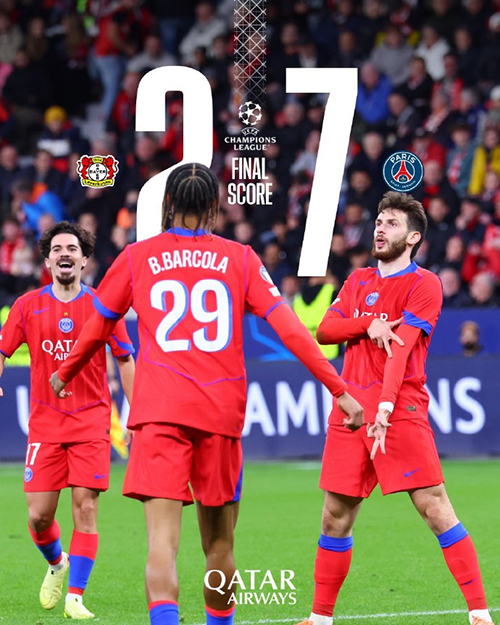 欧冠:巴黎7-2勒沃库森 杜埃双响 登贝莱破门