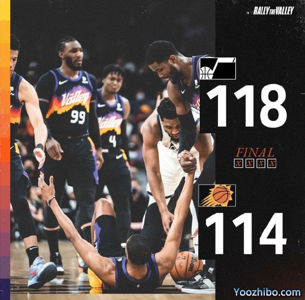 爵士118-114战胜太阳  米切尔26+5 克拉克森22分 布克30+7+7 